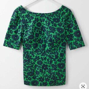 Boden Fleur Fitted Top -1/2 sleeve, sz 2, Highland Green with Shadow Floral -EUC